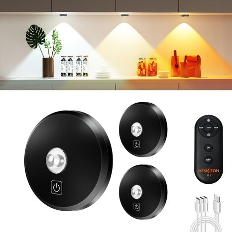 Puck Lights with Remote Control Rechargeable, Wireless Under Cabinet Lighting, 2000mAh Battery Operated Tap Push Touch Lights (Wood Color, 3 Pcs) (Black, 3 Pcs) (1/5)