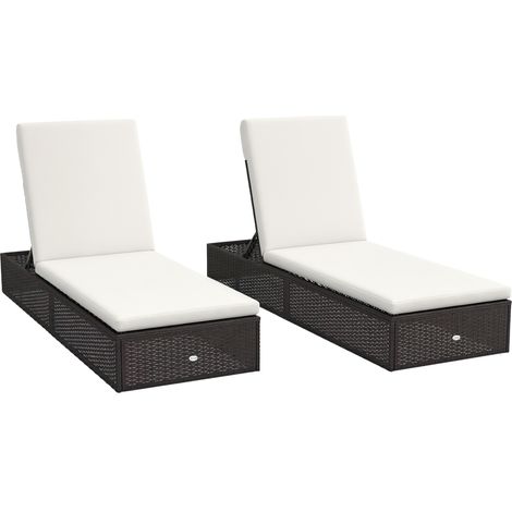 Set of Two Rattan Sun Loungers, with Reclining Backs - Brown/Cream