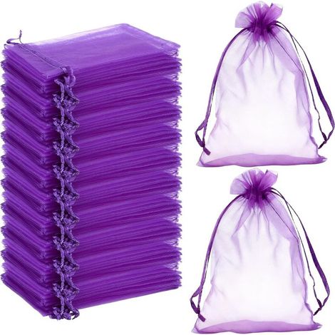 Sachet Organza - 100 Pièces - Tissu Transparent - Cordon de Serrage - Mariage Bijoux Bonbons - 7x9 cm Violet Foncé