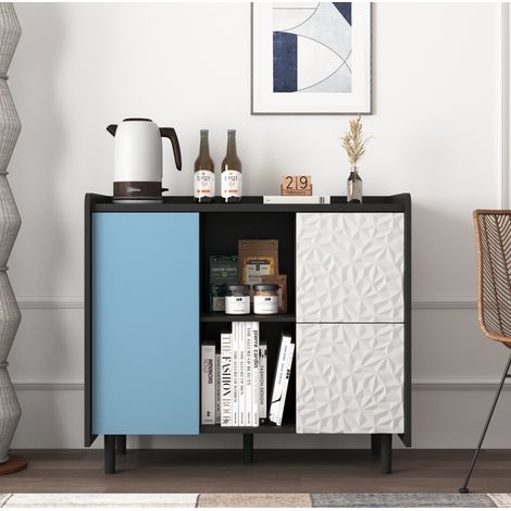 Buffet de cuisine 90x40x80 cm noir et bleu en MDF avec 2 tiroirs, rangements ouverts et placard (1/5)