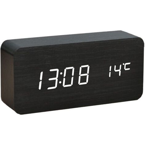 Sveglia digitale in legno con luminosità regolabile, controllo vocale, LED rettangolare, display di tempo e temperatura, accessorio per la casa – Sunny (1/3)