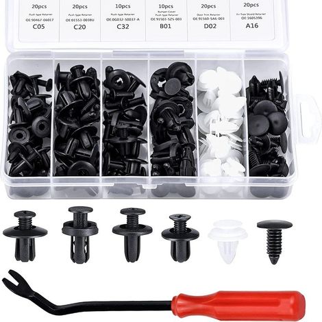 100Pcs Rivet Clips Accessoires équipement intérieur Voiture Rivets en Plastique Attaches de Protection en Plastique, 6 Formes et Tailles, avec Boîte de Rangement (Noir, Blanc) (1/5)