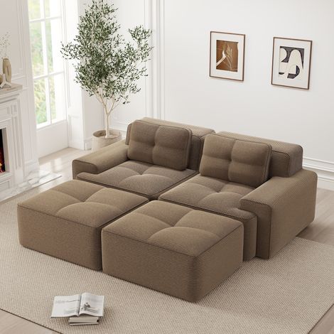 Canapé modulable Cloud en U, velours côtelé marron, sans cadre, avec pouf, confortable, 2 places, assise profonde, prêt à l’emploi, pour salon cosy (1/5)