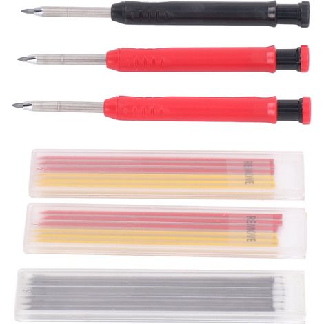 Lot de crayons de menuisier solides avec recharges, marqueur mécanique long nez pour trous profonds, outil de traçage 2 rouges 1 noir + recharges (1/5)