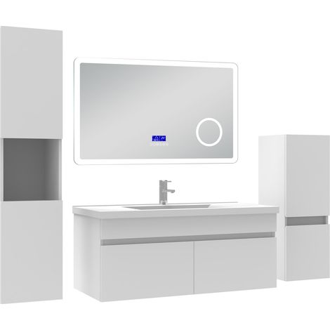 Ocean Ensemble meuble salle de bain 100 cm blanc, lavabo céramique + 2 colonnes + Miroir Bluetooth avec 3 couleurs dimmable, suspendu