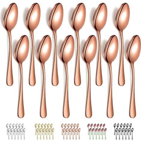 12 cuillères en or rose (17,3 x 3,6 cm), cuillères à dîner en acier inoxydable, cuillères de table, faciles à nettoyer, passent au lave-vaisselle (1/5)