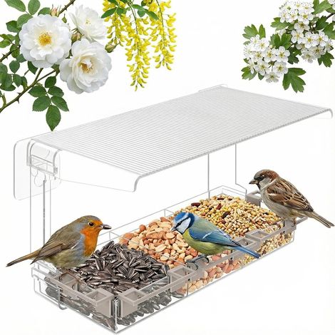 Mangeoire Oiseaux Fenêtre Acryl Transparent, 3 Compartiments, Perchoirs, Ventouse, Observation, Nature (1/5)