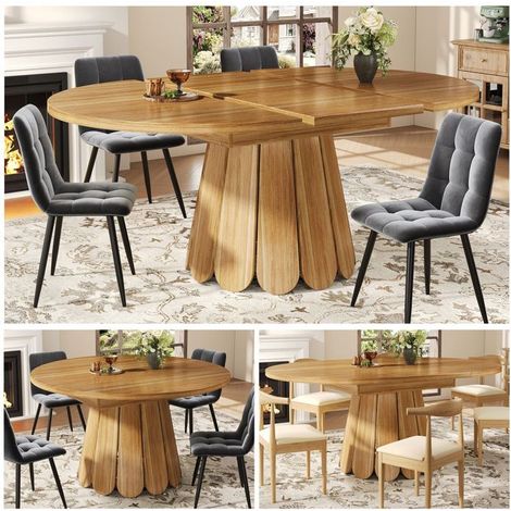 Table à manger - WESTYLE - Forme ronde-ovale 118–158 cm - Extensible (rallonge intégrée) - Plateau MDF aspect bois - Pieds métal (1/5)