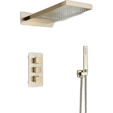 Duscharmatur Set, Thermostatmischer, Wandmontage-Design, Gebürstetes Gold (1/2)