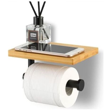 Porte Papier Toilette avec Etagère - Bambou - Porte Rouleau en Acier Inoxydable SUS304 - Support Mural Noir Mat (1/4)
