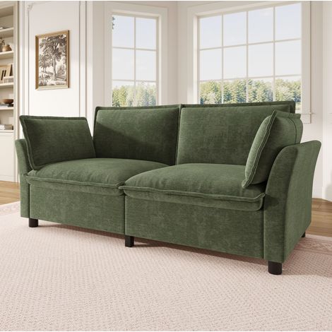 Canapé 2 places 155/81/87 cm en chenille verte avec 2 coussins, format compact et confort accueillant (1/5)