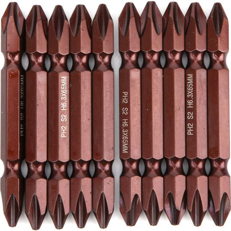Lot de 10 embouts de tournevis double face S2 H6.3 x 65mm, aimanté, rouge, visserie et quincaillerie PH2 (1/5)