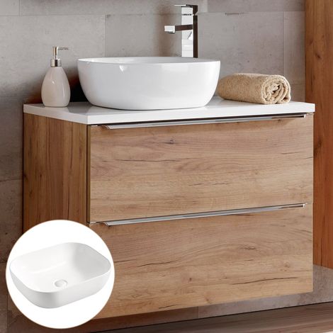 Waschtisch-Unterschrank 80cm mit 50cm Keramikbecken TOSKANA-56, in Wotaneiche & Hochglanz weiß, B/H/T ca. 81/74,5/46 cm