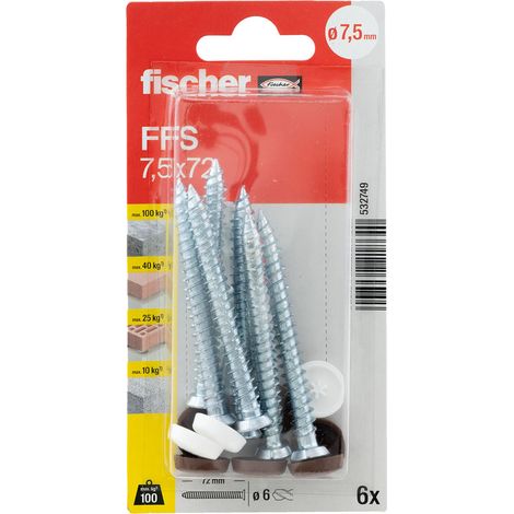 Fischer – Blister de 6 vis pour menuiseries FFS Ø7,5 x 72 mm – Capuchons blanc et brun foncé – Fixation solide pour bois dur (1/5)