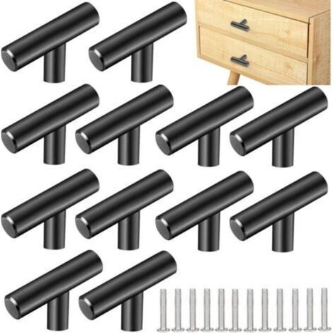 12 PCS Poignee de Meuble Cuisine Acier Inoxydable 5031mm Poignée Meuble T Bouton de Porte Argenté Boutons de Tiroir Monotrou en T Bouton de Meuble avec 12 Vis pour Armoire Porte Placard, Noir (1/4)