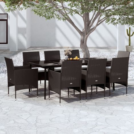 Salon de jardin repas 9 pièces en résine tressée avec coussins, table et 8 chaises, noir - PANGIVO (1/5)