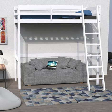Le Quai Des Affaires – Lit mezzanine 90x200 cm en pin massif – Finition blanche – Échelle réversible – Charge max 80 kg – Dimensions L211xP147xH191 cm