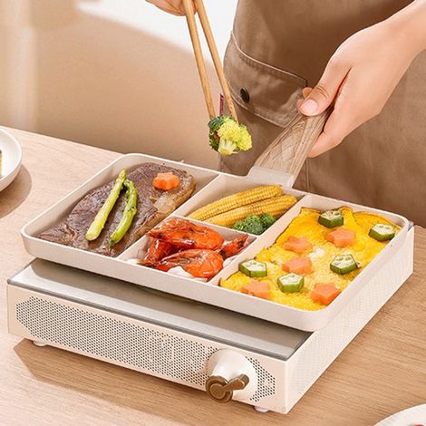 Gril divisé Maifan, revêtement en pierre, aluminium, chauffage uniforme, antiadhésif, multifonctionnelle, 4 compartiments, poêle à petit-déjeuner pour faire frire œufs, steaks et légumes, blanche (1/5)