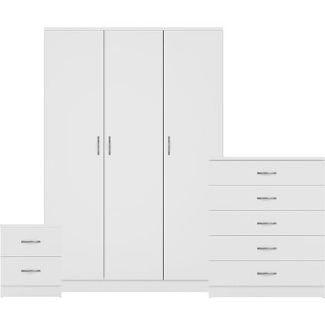 Riano 3 Piece Bedroom Set (2 Drawer Bedside Chest, 5 Drawer Chest, 3 Door Wardrobe), White (1/3)
