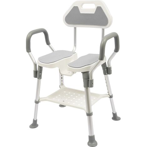 Silla de ducha, altura regulable, respaldo y reposabrazos, color gris. (1/2)