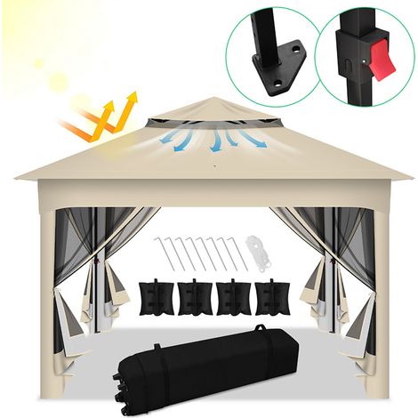 Randaco Cenador exterior plegable 3,3 × 3,3 m con mosquitera y doble techo – Beige
