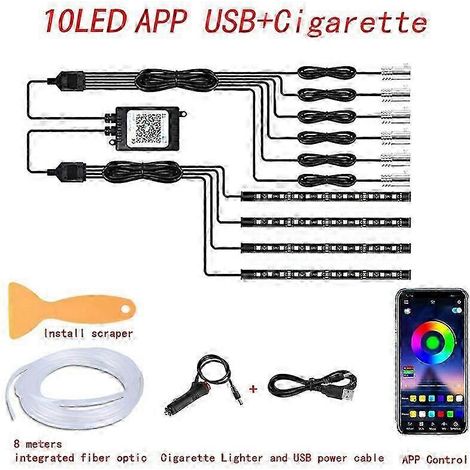 Éclairage d'ambiance intérieur LED néon pour voiture, bande fibre optique RGB 315 pouces, application USB, contrôle du son à distance, lampe décorative d'ambiance automatique pour véhicule (10 en 1, a (1/5)