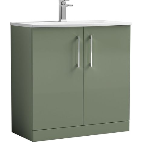 Balterley Modern Bathroom 2 Soft Close Door Floor Standing Vanity Unit & Curved Basin, Satin Green, 800 mm
