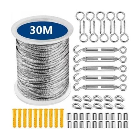 Corde en Acier Inoxydable à Suspendre Kit 30 Mètres Corde en Acier Inoxydable, Kit de Câble Métallique en Acier Inoxydable 304 avec Tendeur et Crochets (1/5)