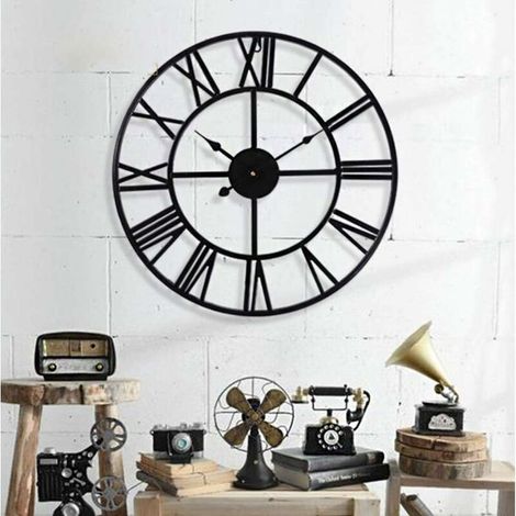 Grande orologio da parete retrò in ferro - Rotondo - Silenzioso - A batteria - Numeri romani - Stile vintage - Per la decorazione del soggiorno - Nero (40 cm) (1/4)