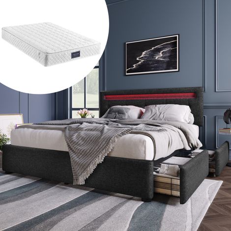 Schwarzes Leinenbett 140x200 cm mit 4 Schubladen, LED und Matratze – MEUBLIV (1/5)
