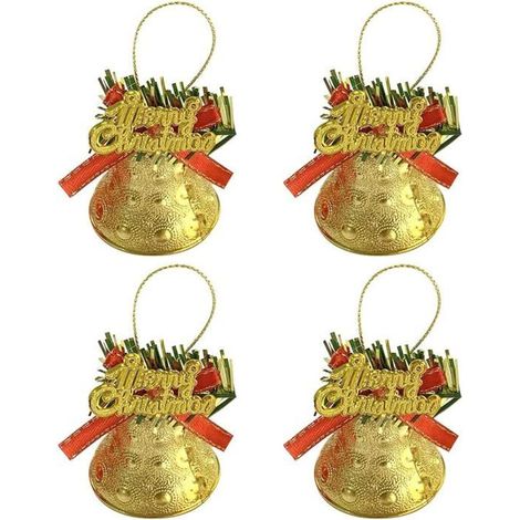 Set mit 4 Mini-Weihnachtsschleifen mit Glöckchen, für den Weihnachtsbaum, festliche Dekoration und den Innenbereich (golden).