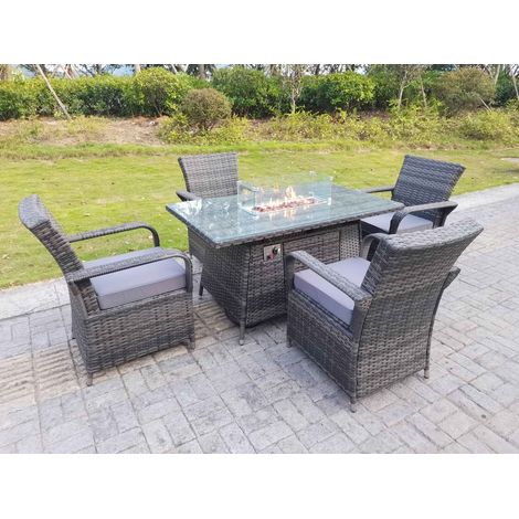 Fimous Rattan Garden Furniture Gas Fire Pit Rectangle Dining Table Gas Heater And Dining Chairs 4 Seater (1/4)