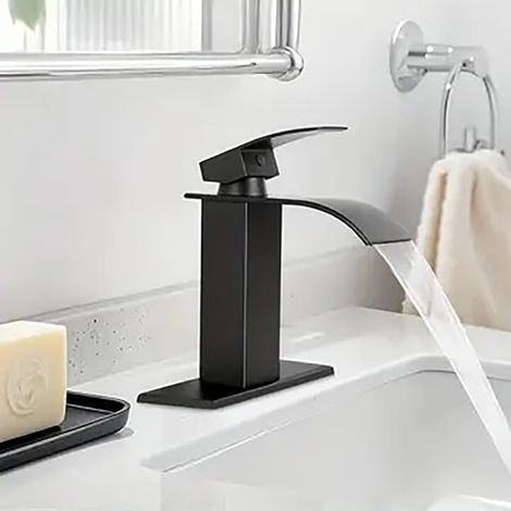 Moderne Robinet Lavabo Design Elégant, Mitigeur Lavabo Salle de Bain en Laiton, Robinetterie Cascade Noir G1/2 (1/4)