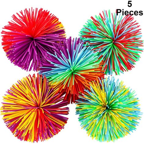 Lot de 5 balles anti-stress à ficelle, balles sensorielles douces aux couleurs de l'arc-en-ciel, jouets anti-stress à pompons rebondissants, cadeaux multicolores pour fêtes et anniversaires (1/5)