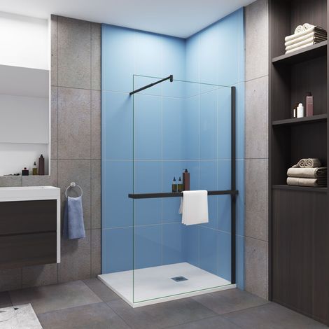Paroi de douche à l'italienne 80x200cm installé avec une barre de fixation en cylindrique,livré avec étagère de douche noir (1/5)