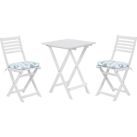 Conjunto bistró de jardín blanco de madera de acacia 3 piezas con cojines azul y blanco plegable diseño moderno Fiji (1/5)