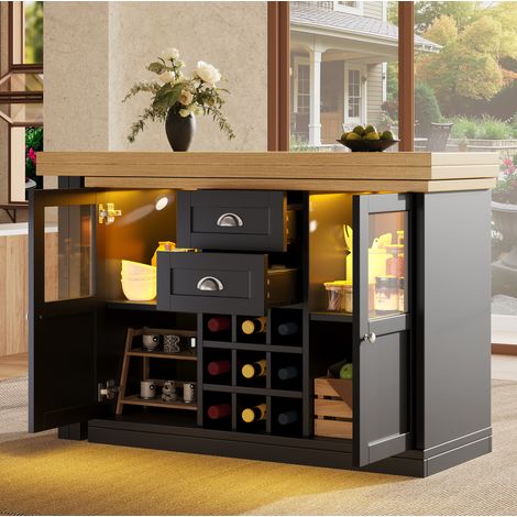 Tavolo allungabile 120-197x40 cm, girevole a 360°, con illuminazione LED tricolore, vano portaoggetti e portabottiglie, in MDF nero (1/5)