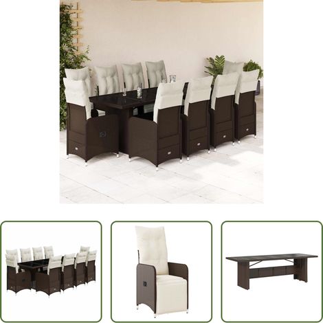 Gartentisch - 11-tlg. Garten-Bistro-Set mit Kissen Braun Poly Rattan (1/5)