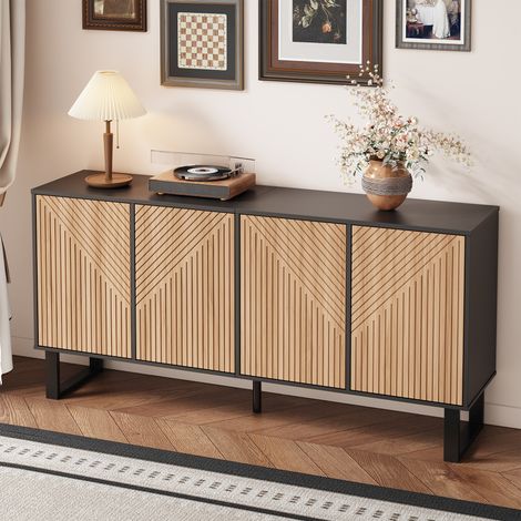 Buffet de cuisine, Meuble TV 160x38x75 cm, salon/entrée, portes à stries 3D, MDF+panneau, structure métal, noir et naturel (1/5)