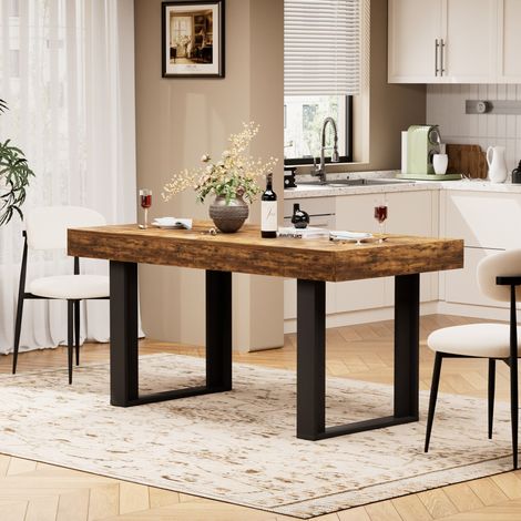 Mesa de comedor extensible de 120-160 cm para 8 personas, ahorra espacio, estructura estable, madera y color marrón rústico - negro. (1/5)