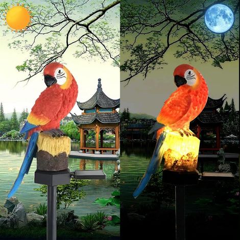 Lumière de perroquet rouge d'énergie solaire, résine de décoration jardin mignonne lampe sol animale, crépuscule sans fil à l'aube LED