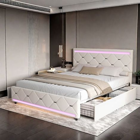 Bett 140x200 cm, Doppelbett 140x200 cm mit LED und 4 Schubladen, USB-Anschluss, Lattenrost, Moderner Stil, Samtstoff, Beige (1/5)
