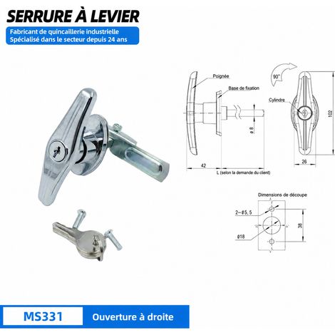 Serrure poignée en T en alliage de zinc MS331 chrome brillant droite avec clés réf 5754 500 g – Livraison gratuite