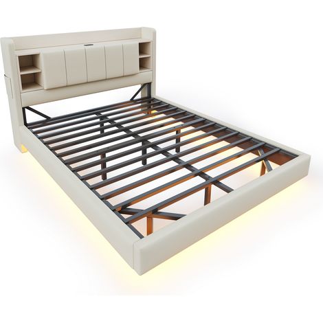 CAIziLit rembourré 140 x 200 cm, avec prise USB et bande lumineuse, tête de lit réversible avec compartiments de rangement et étagères avec petits rangements, cadre métallique stable, tissu lin, lit d (1/5)