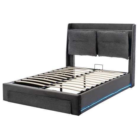 Lit double rembourré 140x190 cm gris LED hydraulique 2 en 1 tiroirs sans matelas (1/5)