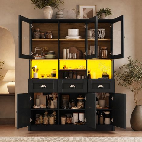 Mueble de cocina columna 140 x 40 x 175 cm con iluminación LED, MDF, negro DESVIAE (1/5)