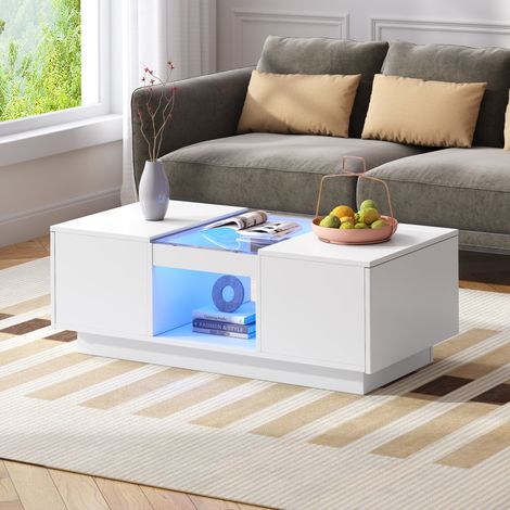 Couchtisch mit 2 Schubladen LED App-Steuerung 100x50 Weiß OKMYHOME (1/5)