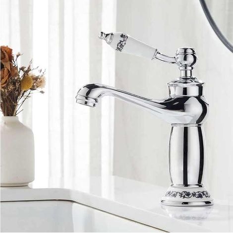 Céramique Antique En Laiton Robinet De La Salle De Bains Évier Robinet Bleu Et Blanc En Porcelaine À Long Cou Vintage Robinet De Lavabo Mitigeur Cuisine Robinet D'eau Froide/Chaude De Robinet Argenté (1/5)