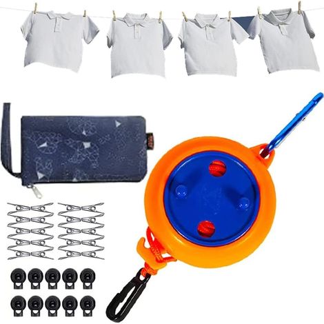 Étendoir à linge rétractable pour camping, étendoir à linge portable de voyage, avec 10 attaches fixes et 20 pinces à linge, idéal pour le camping, le jardin, le balcon, l'hôtel, 8 m