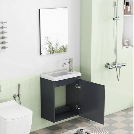 Mobile lavabo sospeso 40 cm grigio lucido in MDF con lavabo in ceramica e specchio - CHICFURN (1/5)